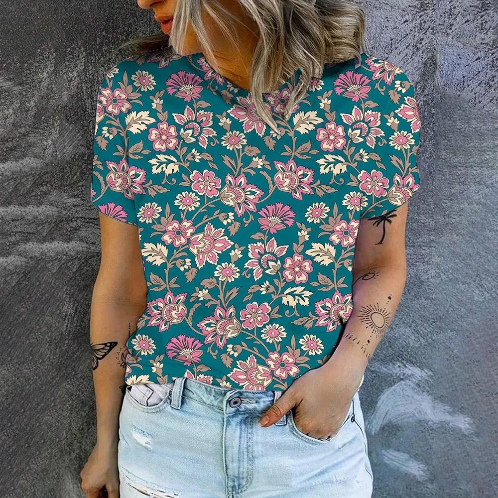 Letní Vintage Kešu Květinové 3D Tištěné Trička Dámské Streetwear Ležérní Móda Krátký Rukáv Tričko O-výstřih Trička Topy Oblečení