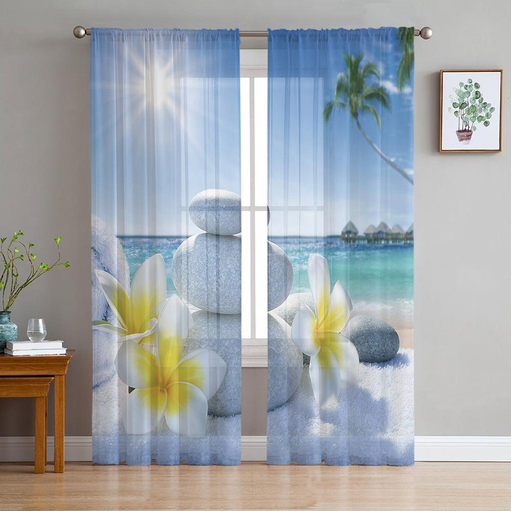 Zen Stones Orchids Flower Green Bamboo Tulle Curtains for Living Room Bedroom Decor Transparent Sheer Voile Window Curtain