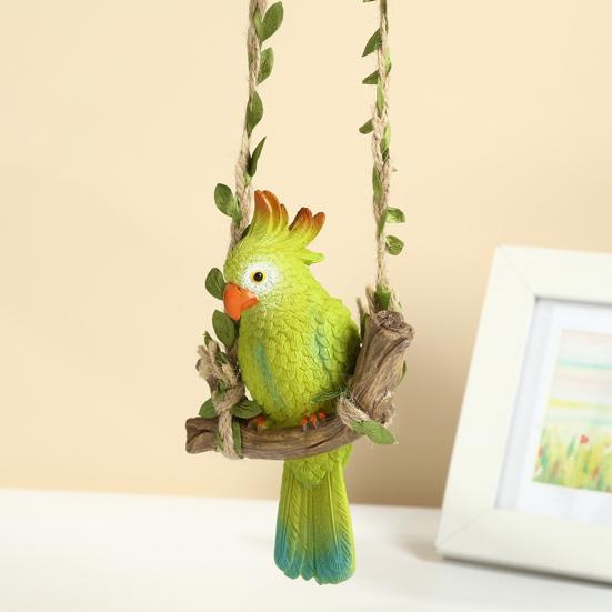 Parrot with Swing Ornaments Waterproof Resin Hanging Decoration Hemp Rope Simulated Green Leaf Design