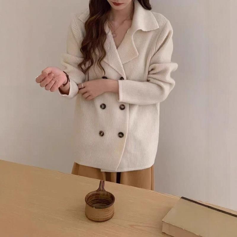 Autumn and winter new suit collar double-breasted lazy wind knitted cardigan high-end sweater jacket women's top trend