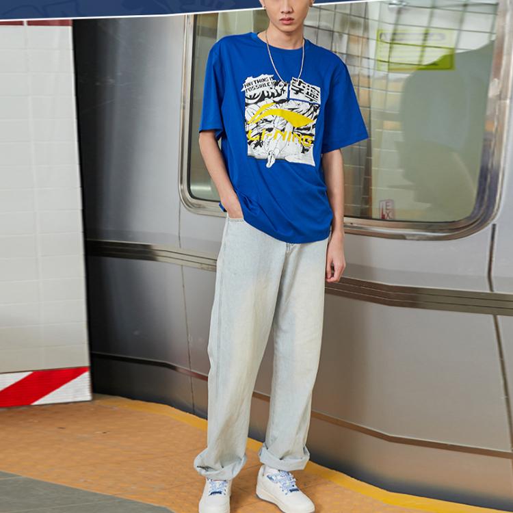 Li-Ning Large Logo Print T-Shirt Men Tops Storm-Blue AHSR401-4