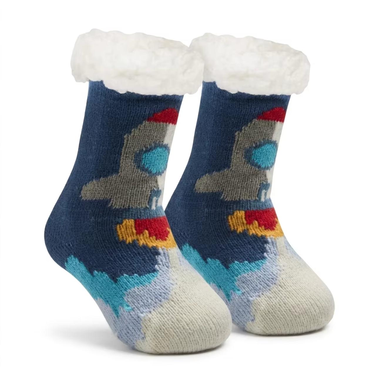 Custom Logo Space Rocket Socks Sherpa Lined Winter Floor Socks Children Thick Slipper Socks Warm Non Slip Socks 3-5 Y&S (1-3 Y)