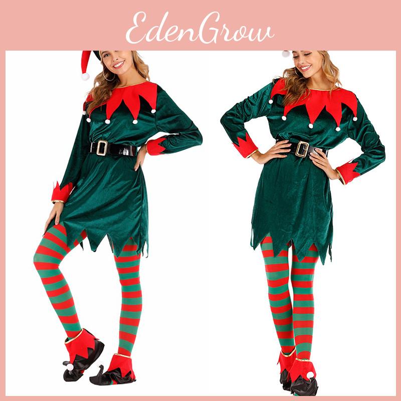 Women's Festive Xmas Elf Outfit Velvet Cosplay Costume With Bells
