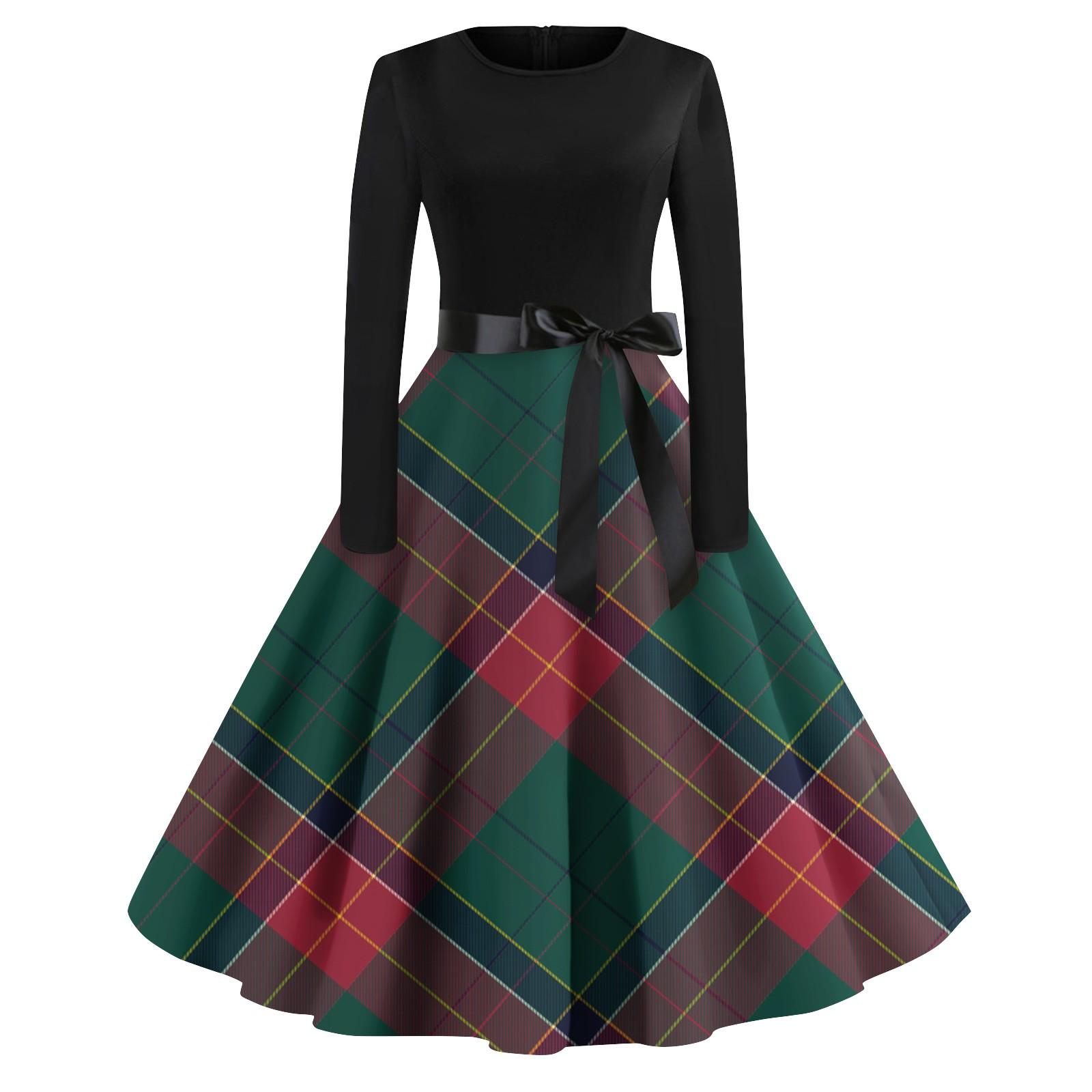 

Женские винтажные клетчатые платья с длинным рукавом и круглым вырезом больших размеров для выпускного вечера L