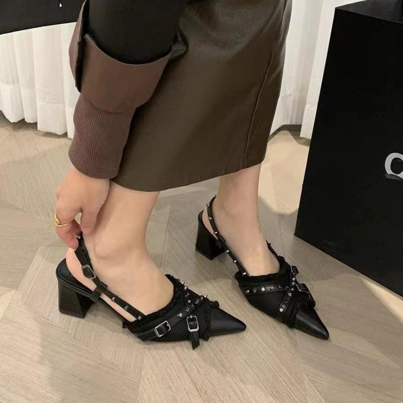 New Style Sexy Fashionable T-Strap Ladies Heels Shoes Female Slides Pointed Toe Mules Rivet Women Thin High Heels Shoes Footwear
