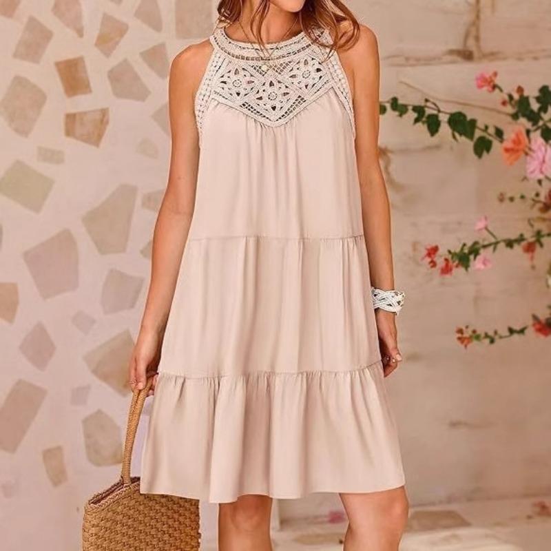 2025 summer hollow backless dress casual sleeveless A-line layered swing vest skirt beach vacation mini umbrella skirt 23209#