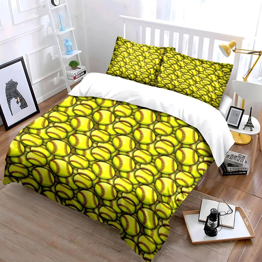 3Pcs Softball Bedding Set Bright Yellow Softballs Print Duvet Cover + 2 Pillowcases bedroom Sports Team Decor
