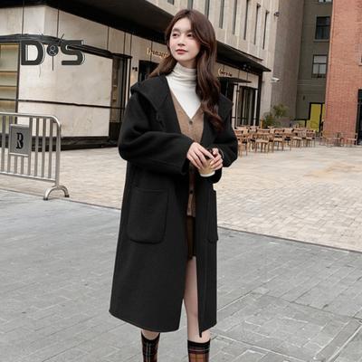 Women Winter Overcoat Hooded Pockets Pure Color Open Stitch Cardigan Mid Length Coat Thermal Long Sleeves Commuting Dating Winter Coat