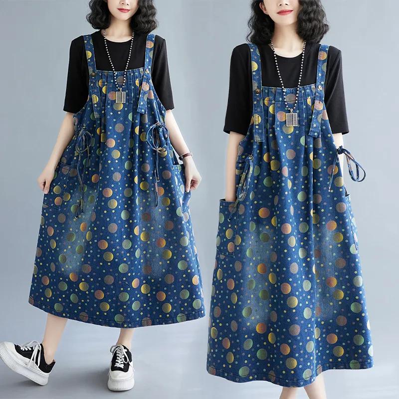 Plus Size Women's Loose Printed Denim Casual Sleeveless Skirt Spring Autumn Fashion Back with Skirts Women Denim Skirts