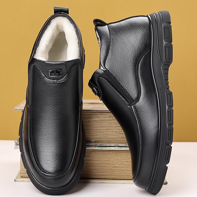 Fashion Classic Brand Simple Black Men's Business Casual Shoes Leather High Top Shoes Winter New Men's Velvet Cotton Shoes Thick Sole