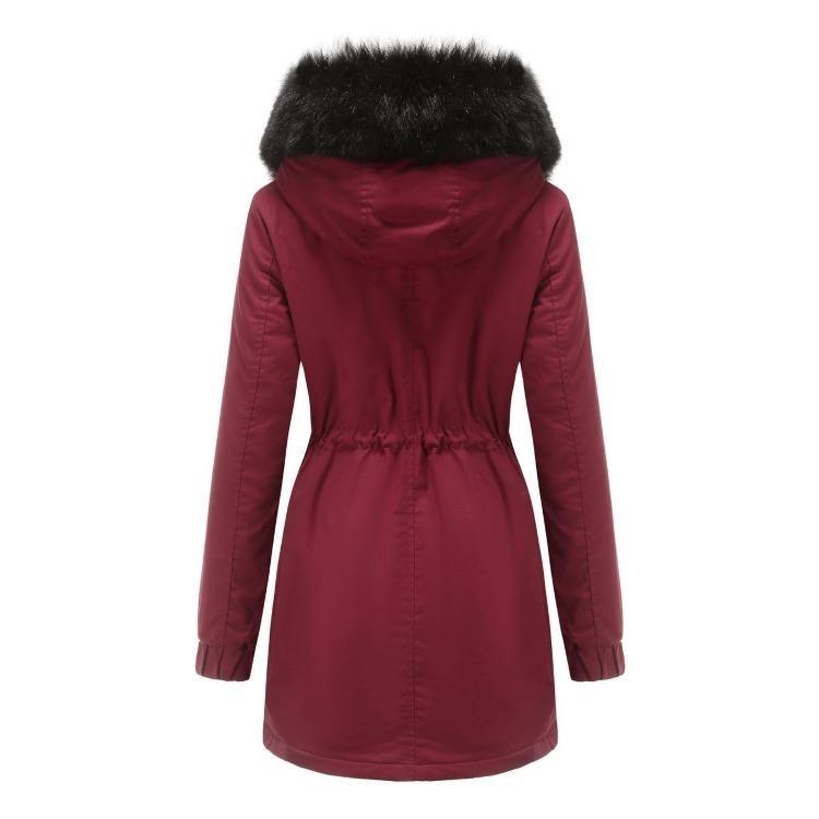 Warm Fluffy Winter Jacket Medium Long Hooded Collar Parker Coat Cotton Zipper Coat