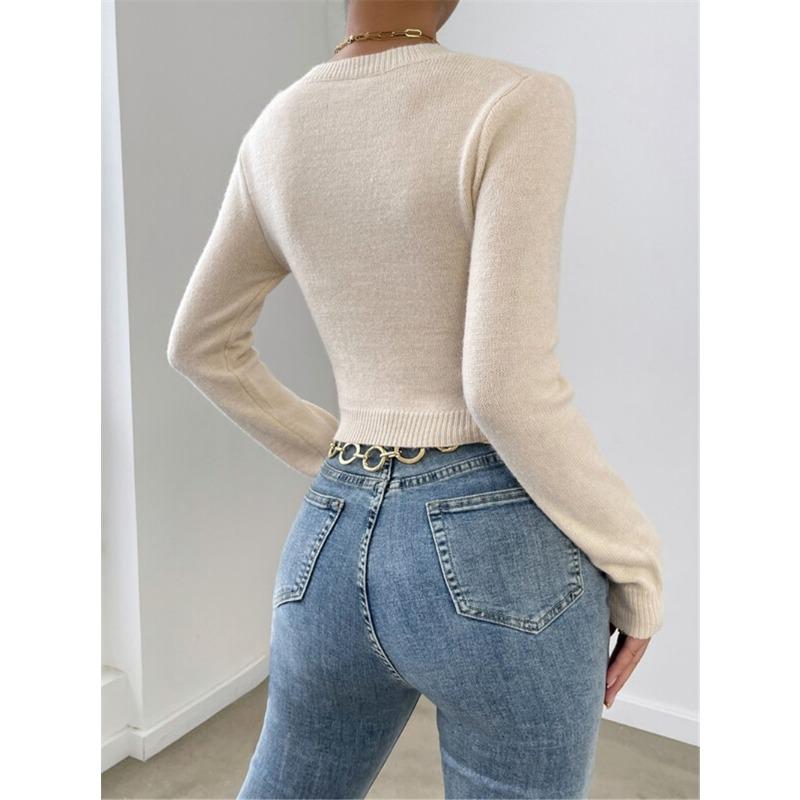 Women Slim Fit Cross Design Round Neck Long Sleeve Knit Sweater