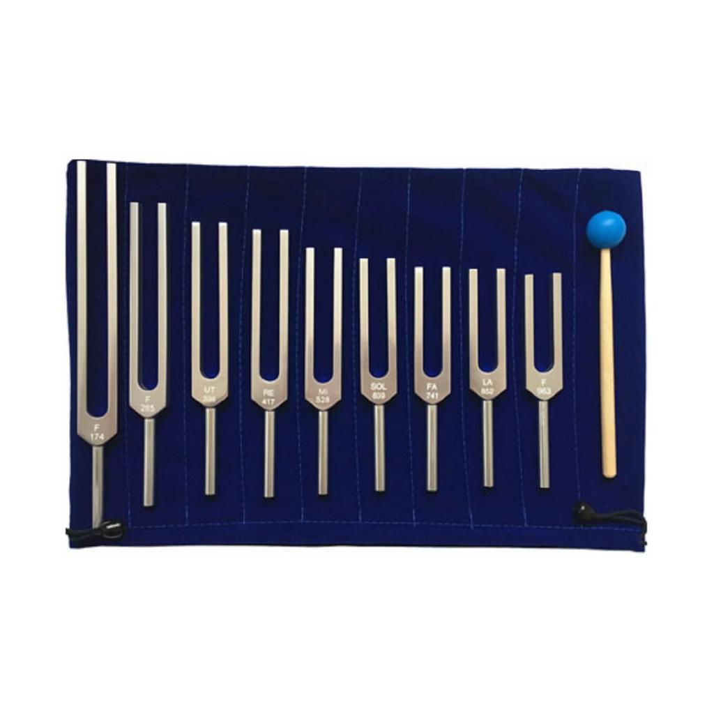 9-delige Solfeggio Stemvorken Kit 174/285/396/417/528/639/741/852/963Hz Genezende Vorken Set met Siliconen Hamer en Tas Zilver/goud
