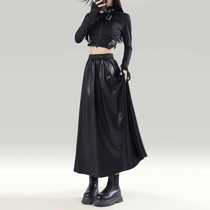 Vintage Autumn Winter New Skirts Women Solid Elastic High Waist Pleated Maillard Fashion A-line Slim Mid-length Pu Leather Skirt