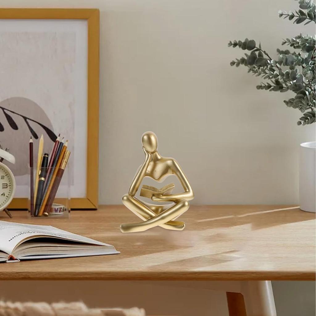 HOMSFOU Abstract Reading Man Statue - Golden Resin Thinker Sculpture for Home, Office, Library, and Room Decor, Minimalist Art Figurine Gift for Men,