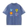 Vintage Washed Black Ferrari F1 Racing T Shirt Oversized Short Sleeve Tee Retro Motorsport Sponsor Logo Print Casual Streetwear Loose Top