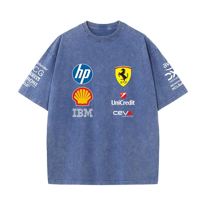 Vintage Washed Black Ferrari F1 Racing T Shirt Oversized Short Sleeve Tee Retro Motorsport Sponsor Logo Print Casual Streetwear Loose Top