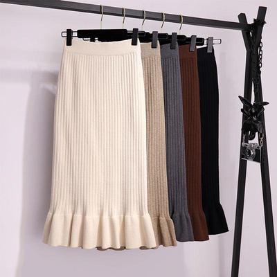 Long Sweater Skirt Winter Female Ruffle Midi Pleated Women Maxi Knitted High Waist Warm Elegant