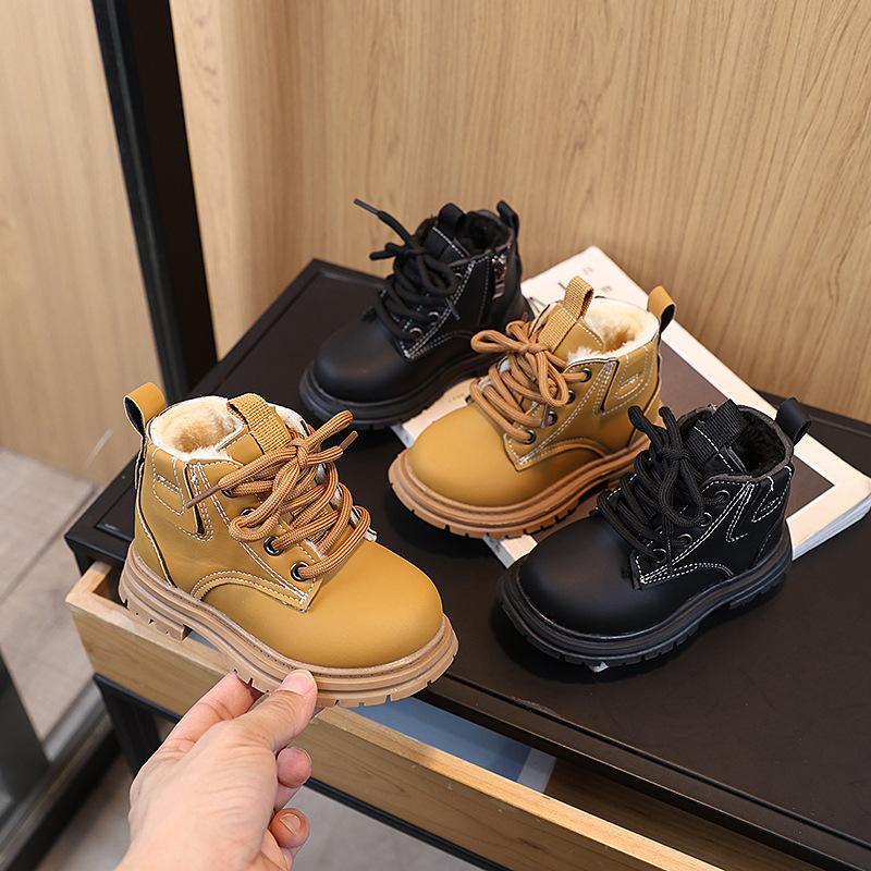 Children's Boots Winter Thickened Boys Girls' Anti Slip Warm Leather Boots Side Zipper Solid Color Kids Casual Shoes