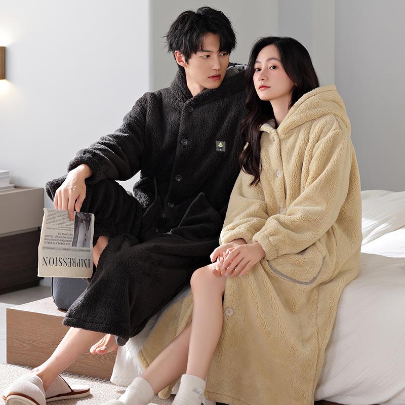 Couple Nightgown Autumn and Winter Thickened Fleece Coral Fleece Cardigan Pajamas Can Be Worn Plush Men's and Women's Hooded Bathrobes