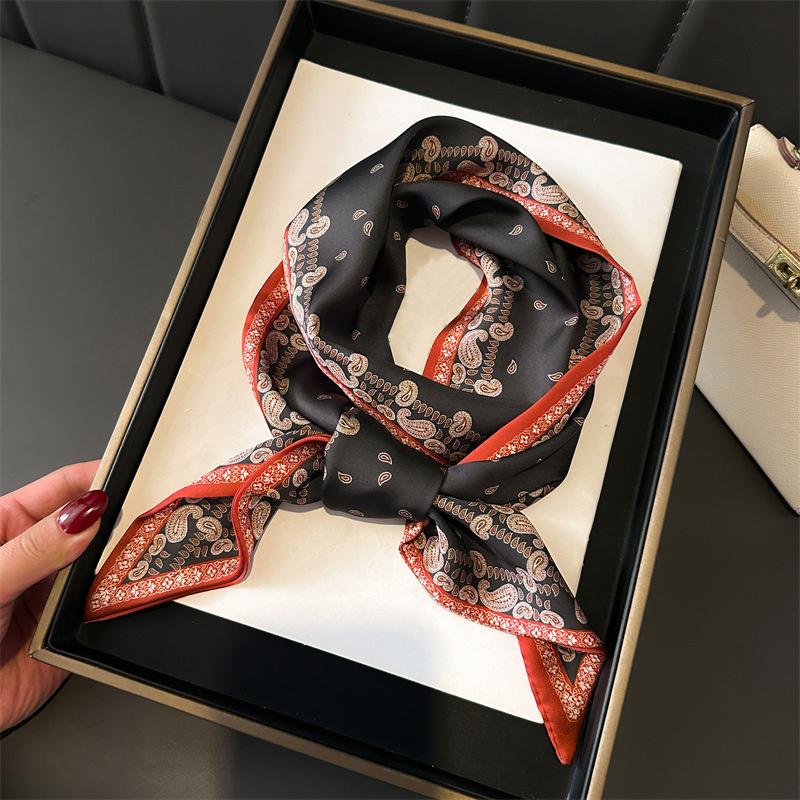 

Женский платок-бандана с шелковистым ощущением, с узором, шаль, модный, роскошный, длинный, узкий, маленький шелковый шарф, женская повязка на голову, двусторонний стример 14x147CM