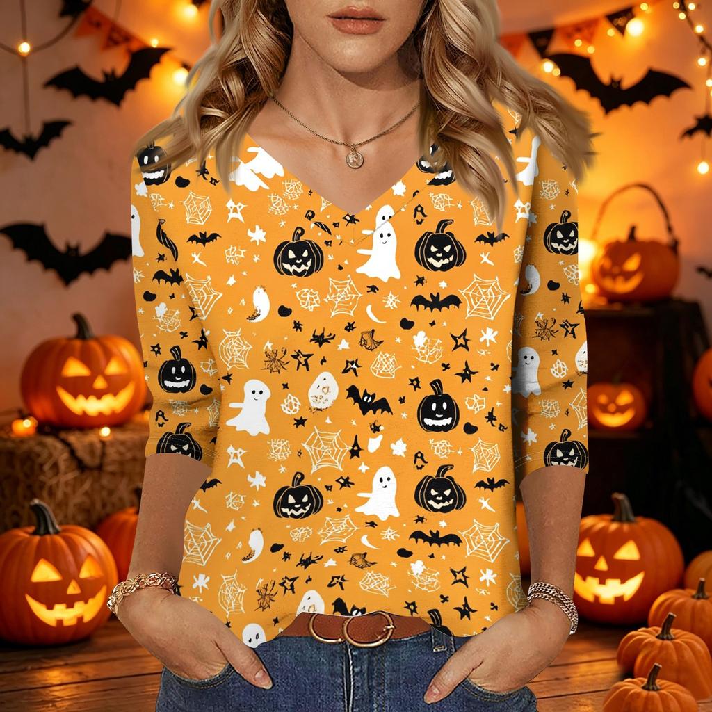 Womens Casual Halloween Print V Neck Three Quarter Sleeve Top Lightweight Stretchy Blouse for Fall Seasonal Wear
