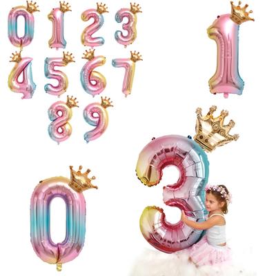 32inch +16inch Number Crown Aluminum Foil Balloon Rainbow Number Air Balloon Birthday Party Decorations 0-9 Digit Ball