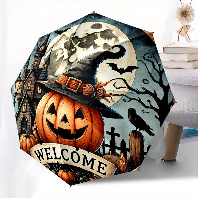 Halloween Welcome Sign with Witch Hat PumpkinFull Moon DecorUmbrella, Portable 3-Fold Compact Umbrella for Men & Women Gift