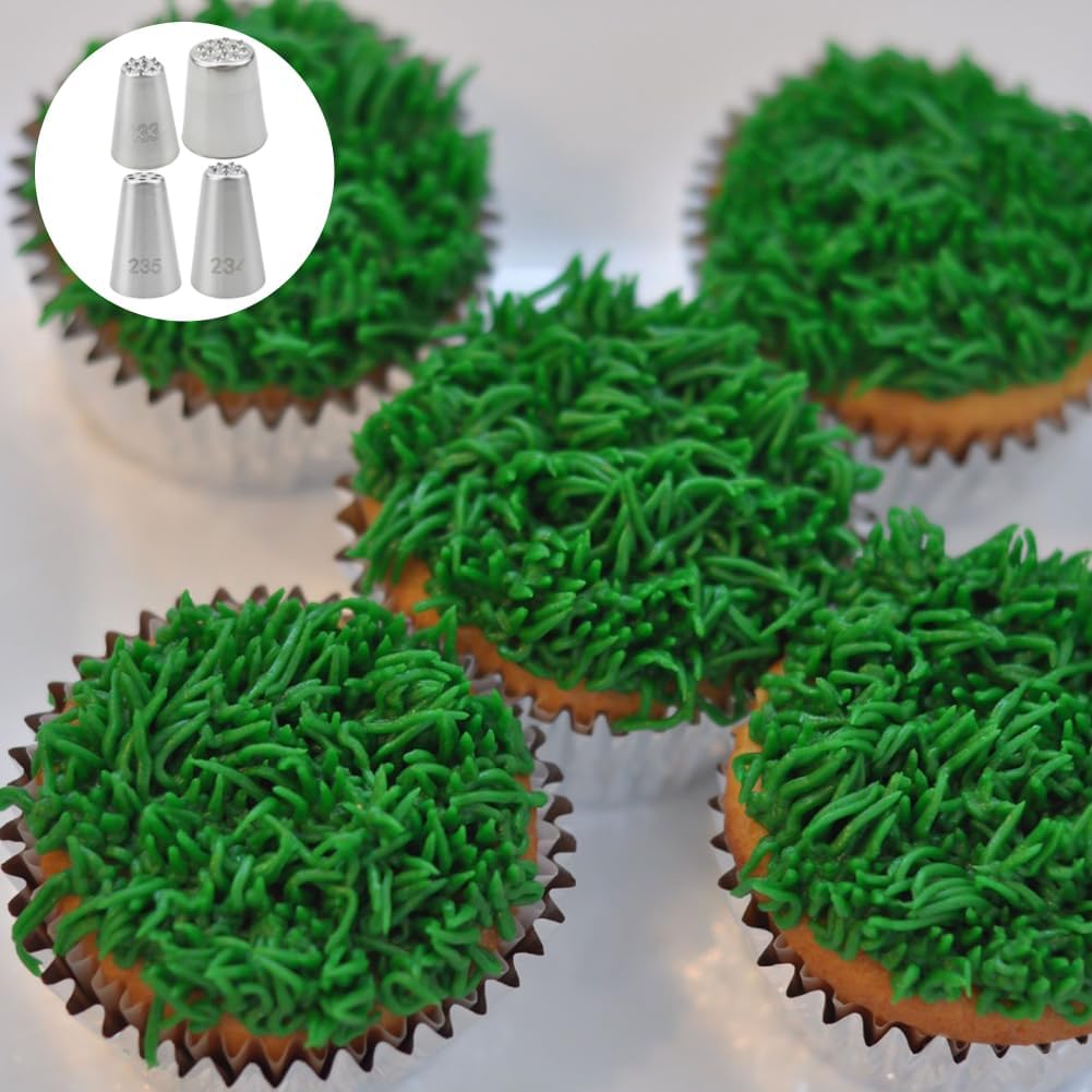4 PACK Grass Icing Nozzles Set, Grass Cream Icing Piping Nozzles Tips Set, Stainless Steel Pastry Tools for Cake Cookies Decorating, DIY Baking Tools
