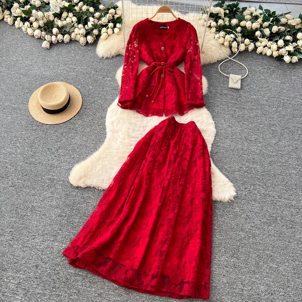 

Elegant Socialite Autumn French Tie-Waist Embroidered Long-Sleeve Mesh Top + High-Waist Skirt Set XL