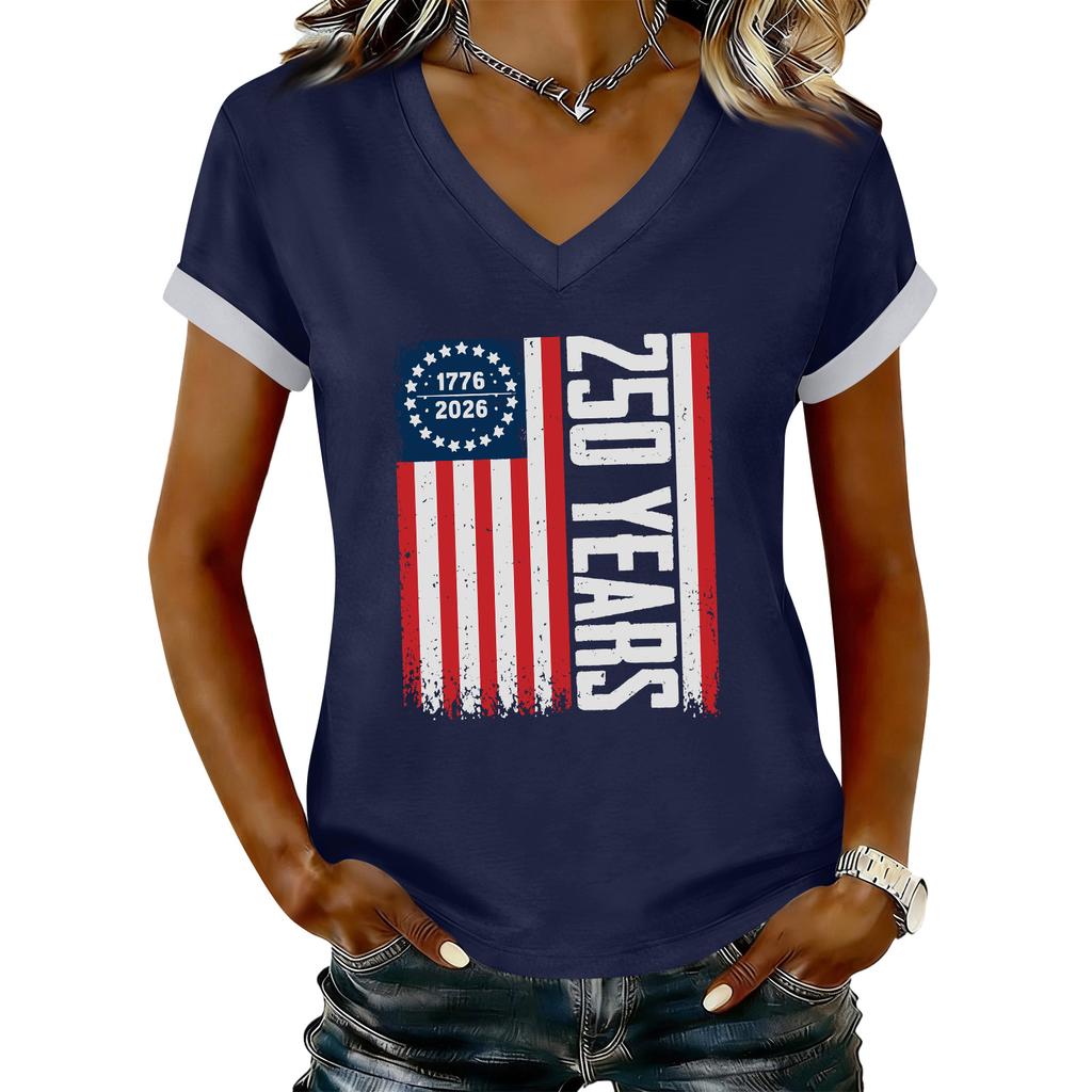 Women's Casual Printed T-Shirt V Neck Pullover Short Sleeve Top