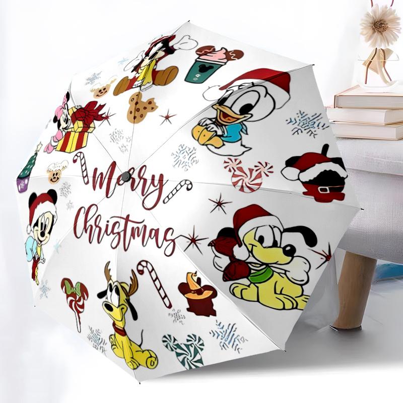 1pc Merry Christmas Disney Characters Holiday Gift Set with Automatic Open/Closed Umbrella, Portable Tri-Fold Design, 8-Bone Iron Frame Outd