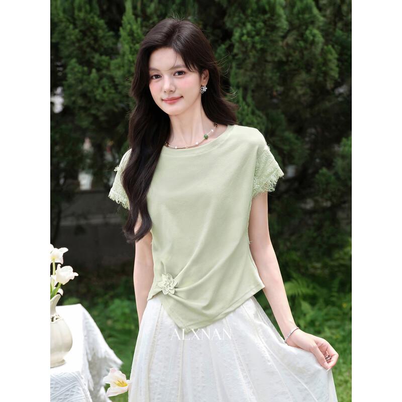 Lu Xiangnan Women s Slim Fit Irregular Round Neck Green T-Shirt L