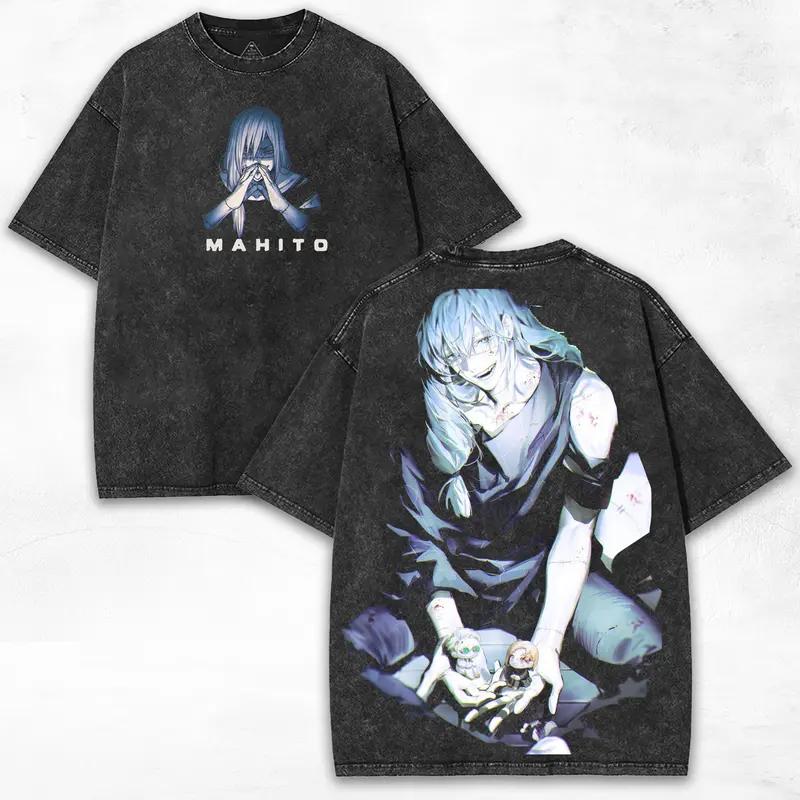 

Футболка з принтом Махіто Аніме Jujutsu Kaisen Одяг Чоловіки Жінки Футболки з коротким рукавом Ретро Випрана футболка Хараджуку Чоловічі Бавовняні Топи XXL чорний
