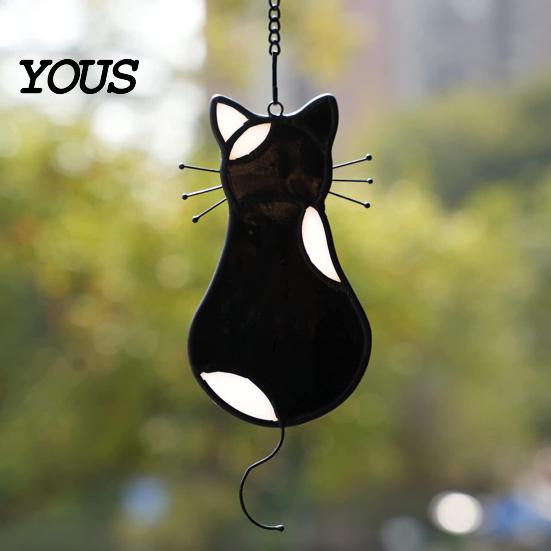 Cat Back Shape Decoration Acrylic Pendant, with Metal Hanging Chain, Stained Glass Effect Silhouette Window Pendant Decoration, for