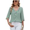 Women's V‑Neck Ruffled Trim 3/4 Split Sleeve Blouse Regular Fit Casual Solid Polyester Chiffon Top