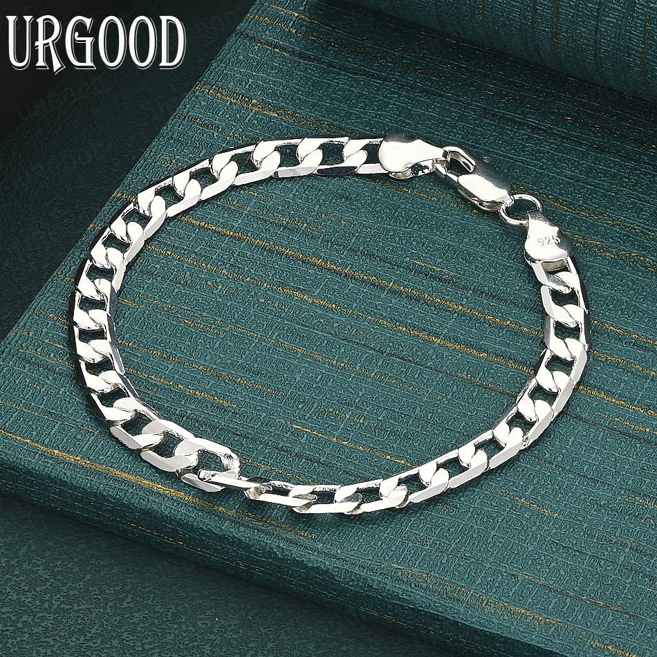

925 Sterling Silver 6mm Sideways Fashion Bracelet Gift Jewelry 20CM