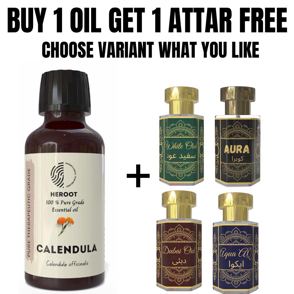 Calendula Essential Oil 10ml for Aromatherapy & Home Fragrance with Free 6 Ml Attar – Aqua AQ, Dubai Oud, Aura, White Oud
