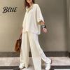 Comfortable Polyester Outfit Women's Two-Piece Oversized 3/4 Sleeve Pullover Top And Autumn Fashion Set Wide Leg Pants Fall Casual Loose Lounge