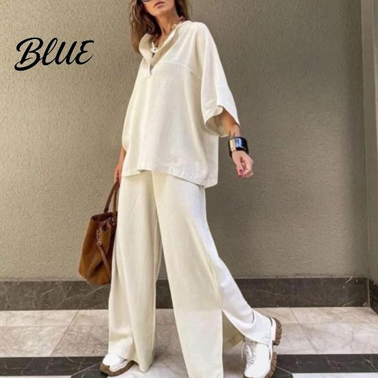 Comfortable Polyester Outfit Women's Two-Piece Oversized 3/4 Sleeve Pullover Top And Autumn Fashion Set Wide Leg Pants Fall Casual Loose Lounge
