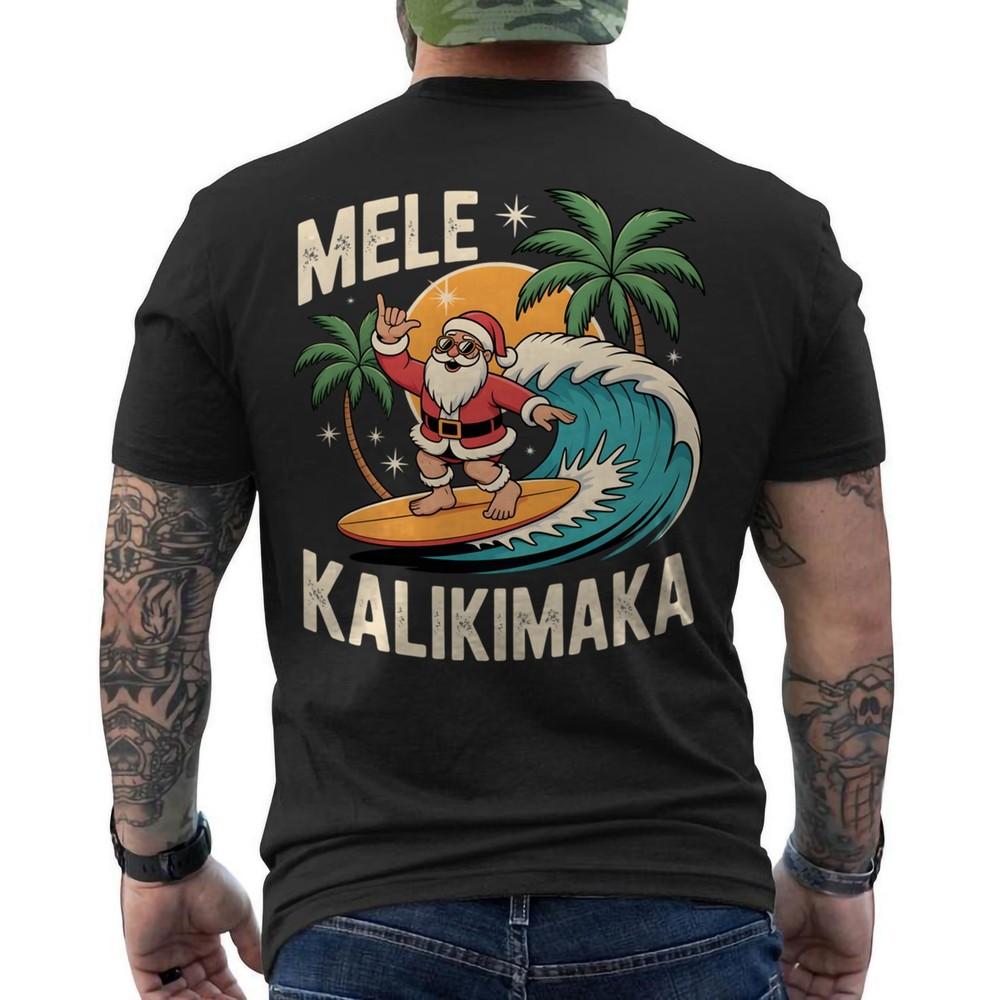 Mele Kalikimaka Surfing Santa Hawaii Christmas ON BACK Unisex TShirt Unisex T-Shirt