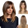 Parrucca Lunga Ondulata Moda Donna, Capelli Sintetici in Fibra Sintetica ad Alta Temperatura, Frangia a Tenda Castana Balayage