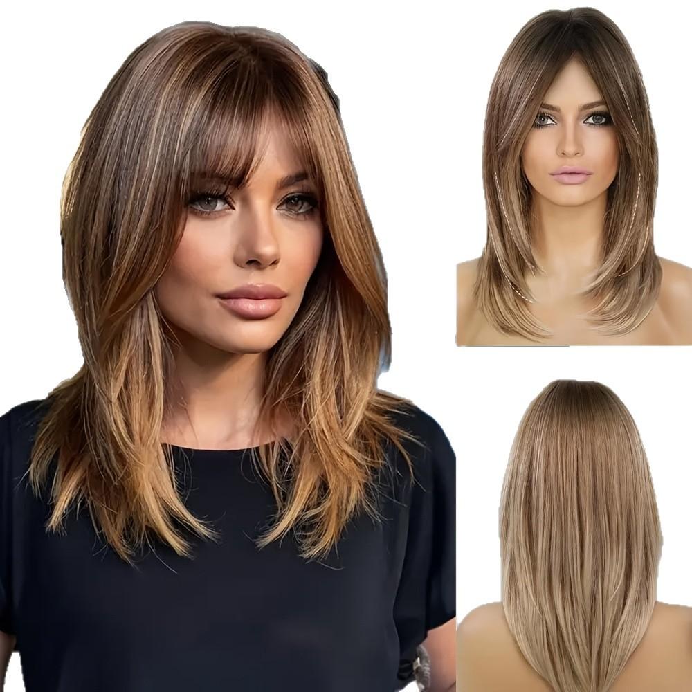 Parrucca Lunga Ondulata Moda Donna, Capelli Sintetici in Fibra Sintetica ad Alta Temperatura, Frangia a Tenda Castana Balayage