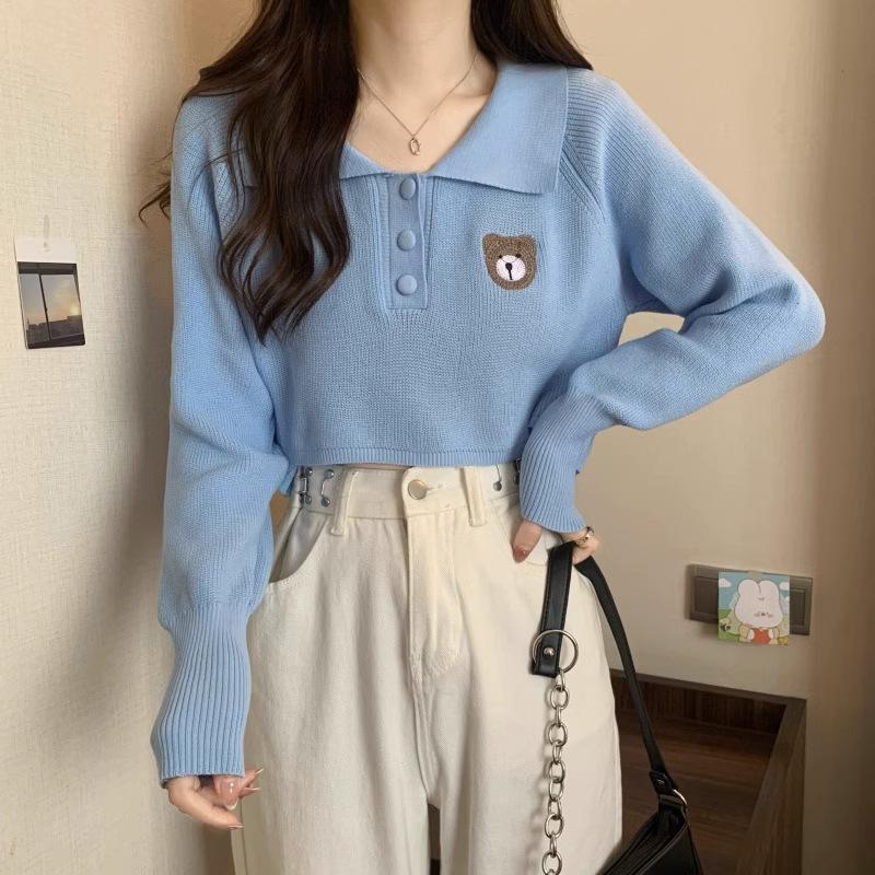 

Cute bear knitted sweater long-sleeved t-shirt women s design sense niche Polo collar with autumn chic short one size fits all