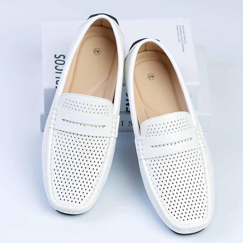 

Fashion Summer Split Leather Men Casual Shoes Slip-On Loafers Breathable Light Business Shoe Fashion Men Walking Daily Commute Moccasins 46 белый