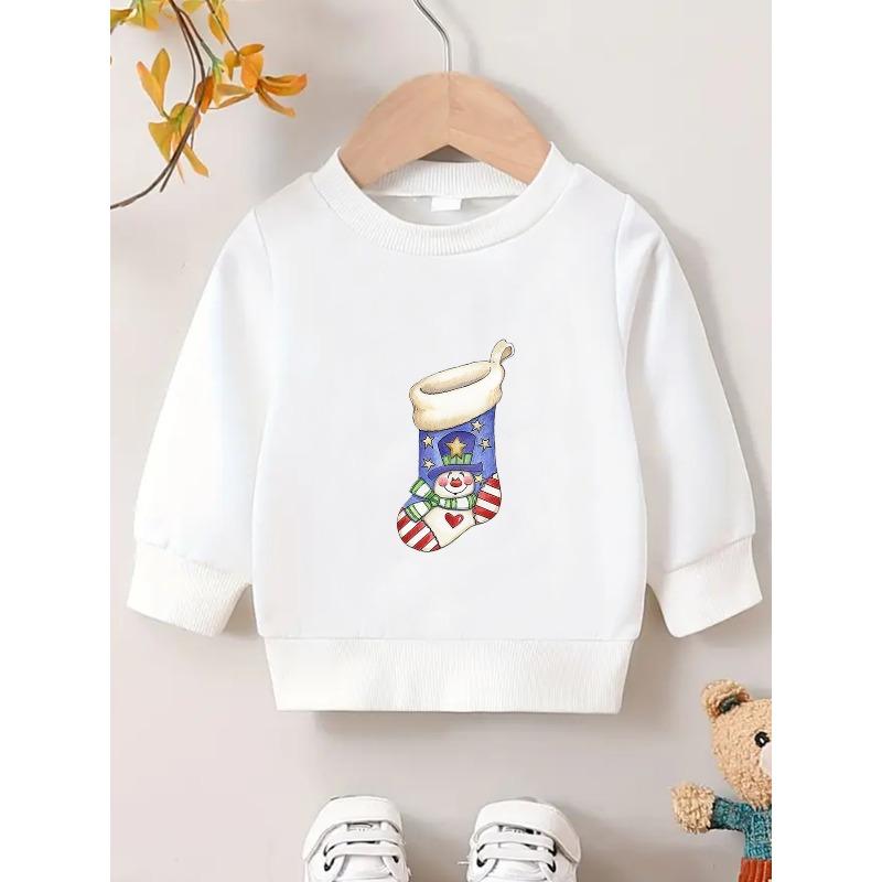 European sizes Christmas Snowman Christmas Stocking Print Pattern, Kids  Comfortable Children s Spring/Autumn Lightweight Crew Neck Sweatshirt 110