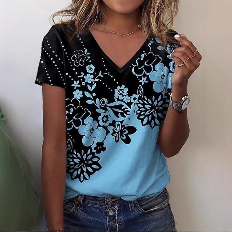 Fashion Trend Floral V-neck Short Sleeved Pullover Women's Shirt