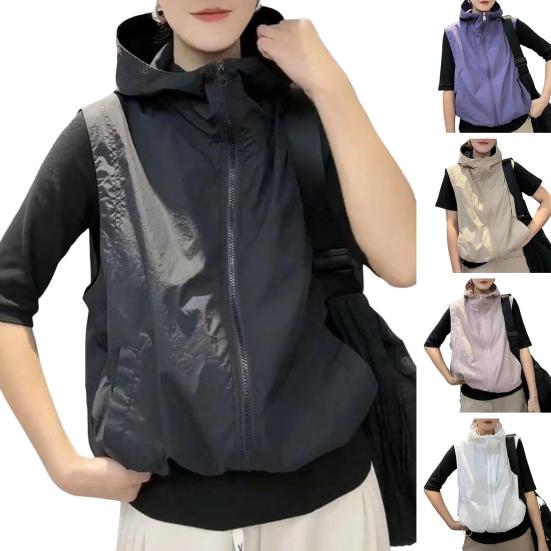 Women Ves Hooded Cardigan Sleeveless Drawstring Loose Sun Hem Solid Color Zipper Closure Protection Casual Sports