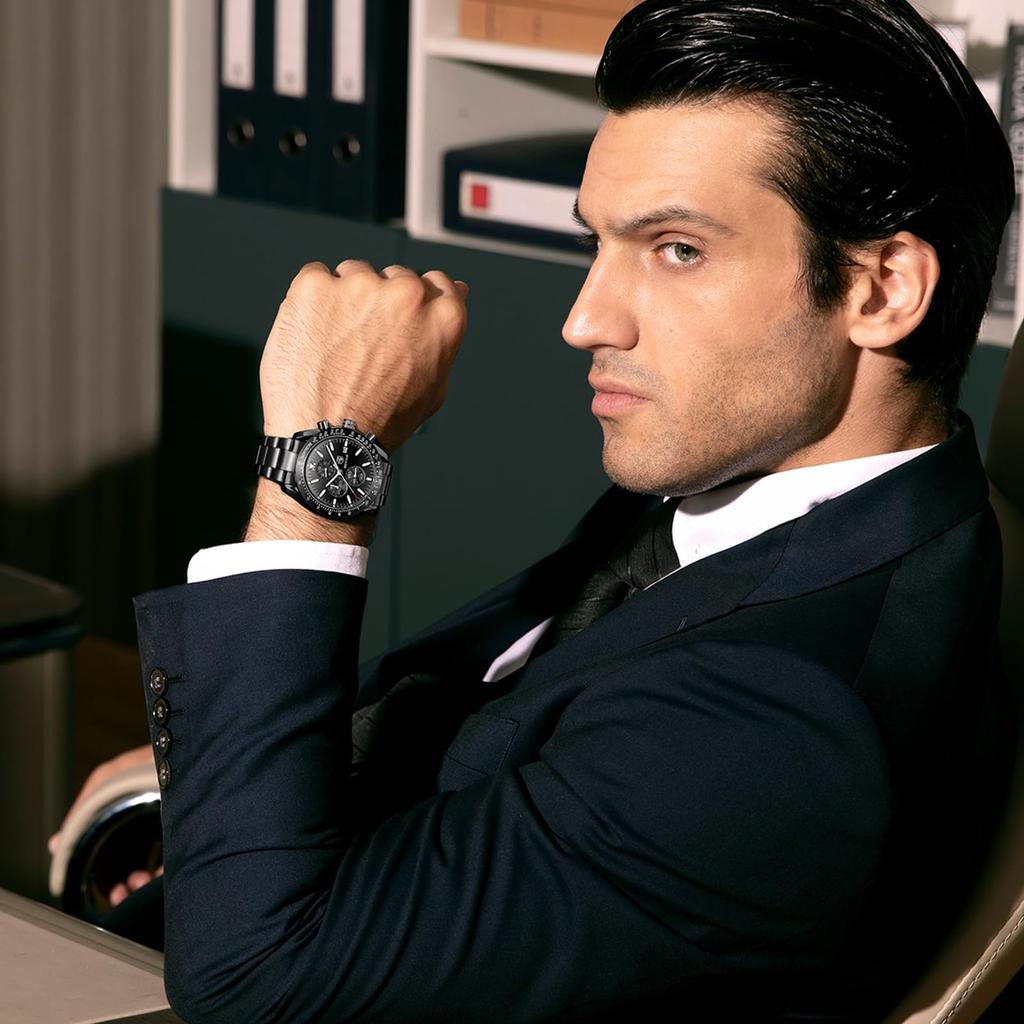 Benyar Men's Chronograph Watch 30M Water Resistant Formal Leather Band Silver Black Quartz Stylish Gift