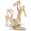 Fashion Plus 35-42 Crystal Pointed Toe Buckle Strap Women's Sandals Thin Heels Golden Female Party Stripper Shoes Womens Shoes